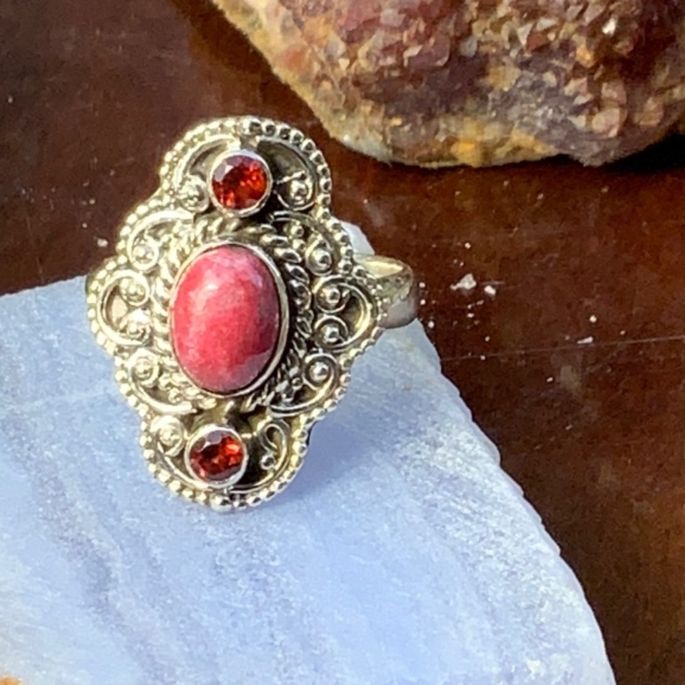 PINK THULITE & GARNET 925 STERLING SILVER RING, SIZE 7. - Picture 8 of 13